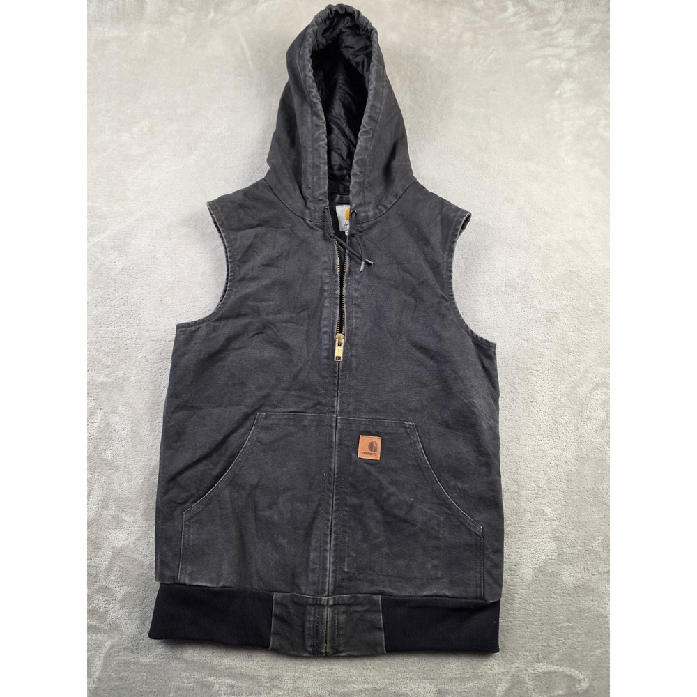 Carhartt Sandstone Hooded Active Vest Mens S Black Canvas Quilt Lined Workwear